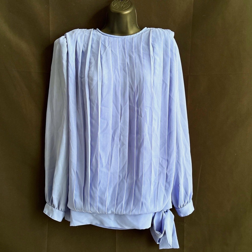 Jo Hanna York 14 VTG 80s Pleated Top Blue Tie Shoulder Pad‎ Prairie Cottagecore